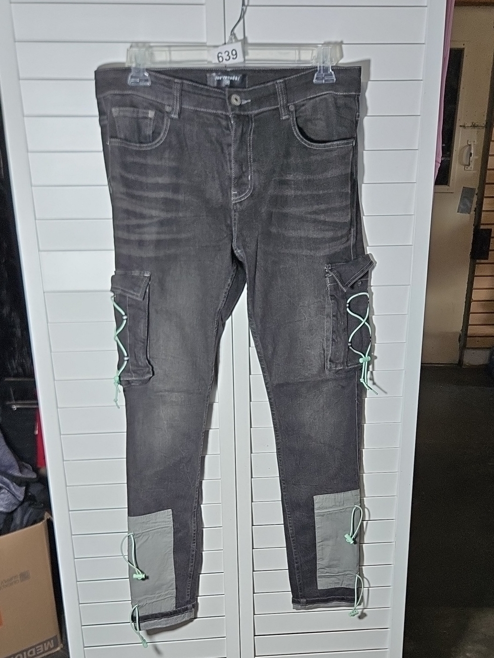 Men's Black Cargo Jeans with Mint Lace-Up Detail Size 34